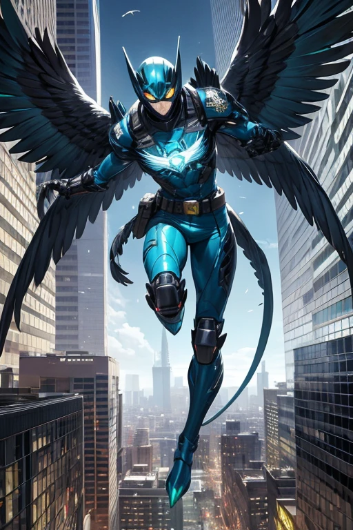 ((best quality)), ((masterpiece)), (detailed), 1 male, full body, 25 years old, blue head, uncovered mouth, blue biker helmet, black beak, black collar, tall, thin, black details, a green parrot with a blue head flying beside him, metallic wings, wings on his suit, blue fingerless gloves, blue wrist guards, luminous blue wings that shoot lasers, blue suit resembling light armor, blue suit with an emblem, completely green chest, emblem on his chest, green pants, deployable bird tail, grey knee pads, metallic grey boots, metallic bird claws, black superhero belt, flying through the city, midday city background, anime