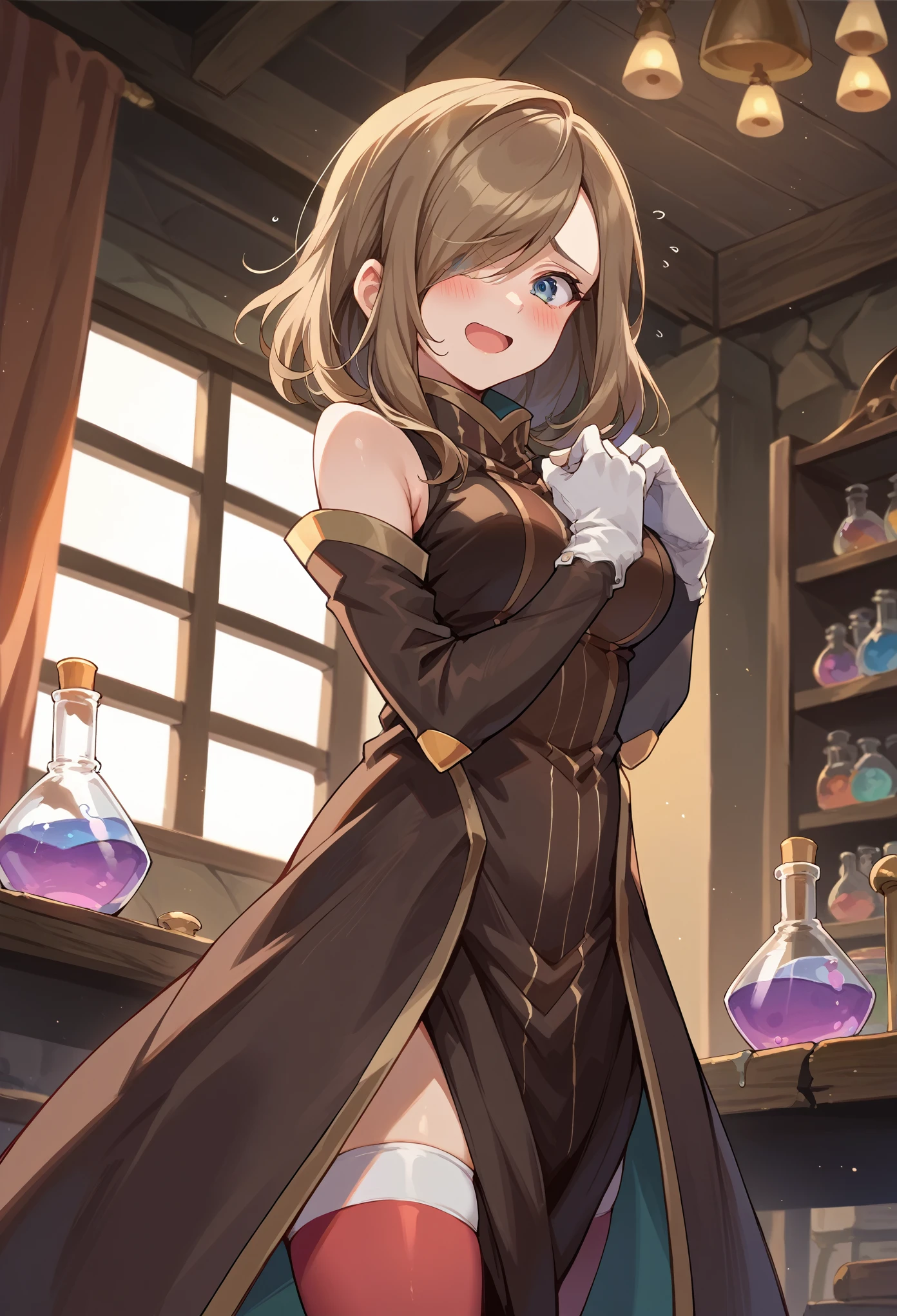 score_9, score_8_up, score_7_up, source_anime, 1girl, solo, tgrants, brown hair, long hair, hair over one eye, brown dress, bare shoulders, detached sleeves, white gloves, red thighhighs, standing, nervous, blushing, smiling, hands on breasts, cowboy shot, looking down, potion room,