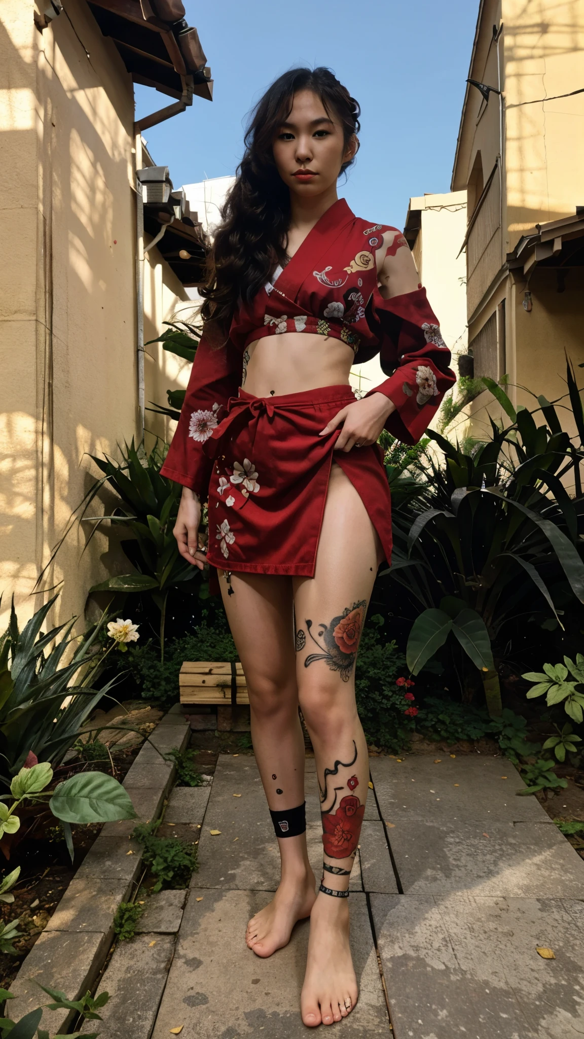 20 year old japanese woman and beautiful and masterpiece and best quality and TATTOO and IREZUMI and film grain, full body, (GiU)