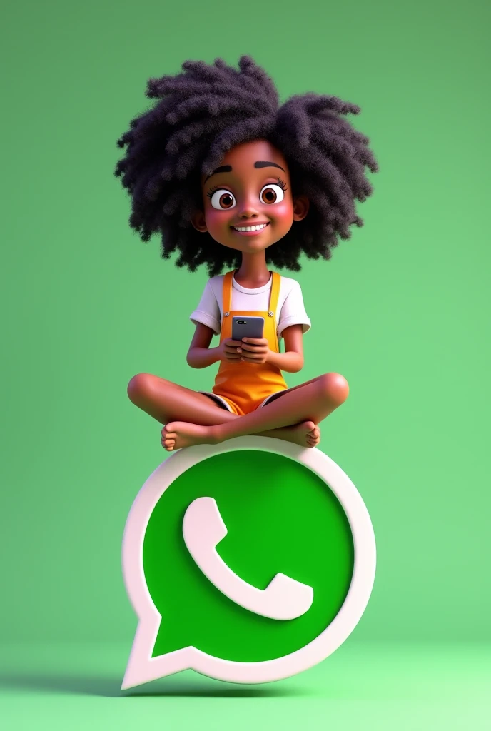 Imagine Create a 3D illustration of an animated female character casually sitting on top of a social media logo "whatsapp". The character should be wearing a shirt and a cleaning apron, big curly black hair ,Light Morana skin color, dark brown eyes and holding an iPhone. The background of the image is a social media profile page with the username "Christiane Limpclean" and a profile photo + correspondent