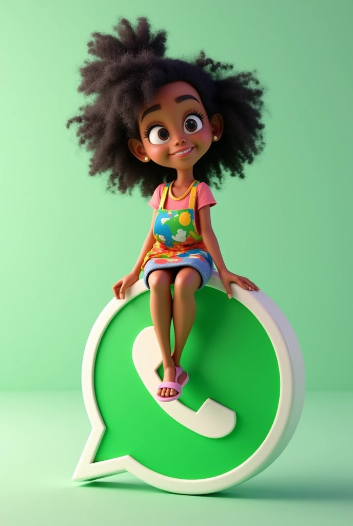 Imagine Create a 3D illustration of an animated female character casually sitting on top of a social media logo "whatsapp". The character should be wearing a shirt and a cleaning apron, big curly black hair ,Light Morana skin color, dark brown eyes and holding an iPhone. The background of the image is a social media profile page with the username "Christiane Limpclean" and a profile photo + correspondent