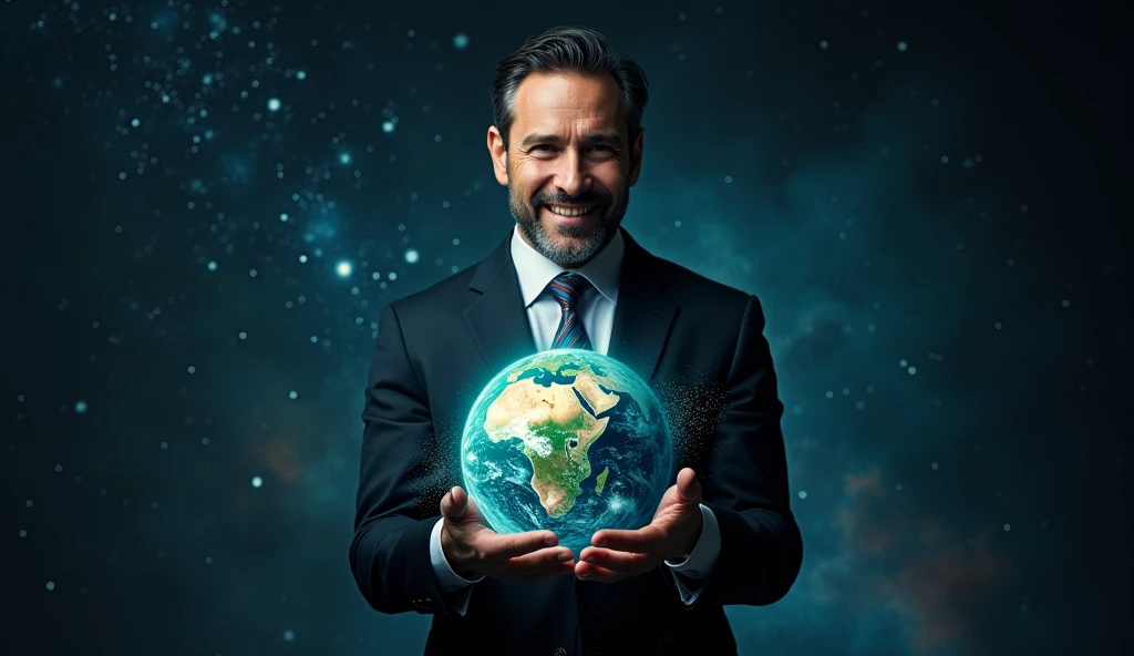 man in a suit with a face with a shadow on his face holding the planet in his hands and laughing