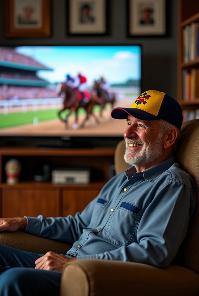 A grinning man wearing a cap, watching horse racing on TV.