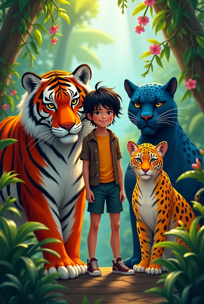 A teenager surrounded by a red tiger, a blue jaguar and a yellow cheetah