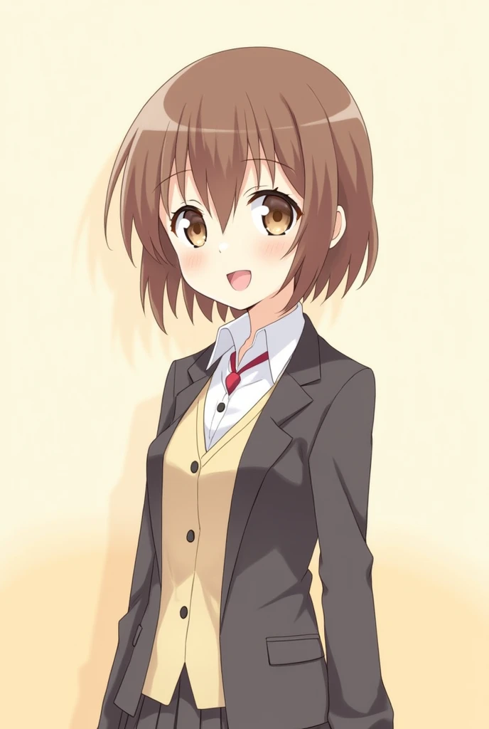 generate a simple girl anime drawing short hair brown eyes and wearing uniform
make it more simple
make it more simple like a drawing