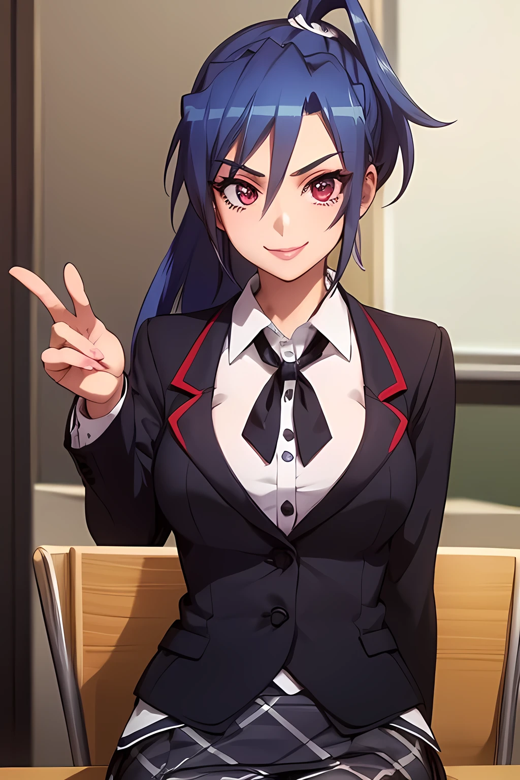 1 person,Kazanari Tsubasa, Mature Woman,Blue Hair, Long Hair, bangs, eye shadow, Low Ponytail, lipstick, Compensate, Detailed face, Red eyes,Big Breasts, Black jacket, White shirt, teacher,Suit skirt,office,smile,Sitting,On the table,