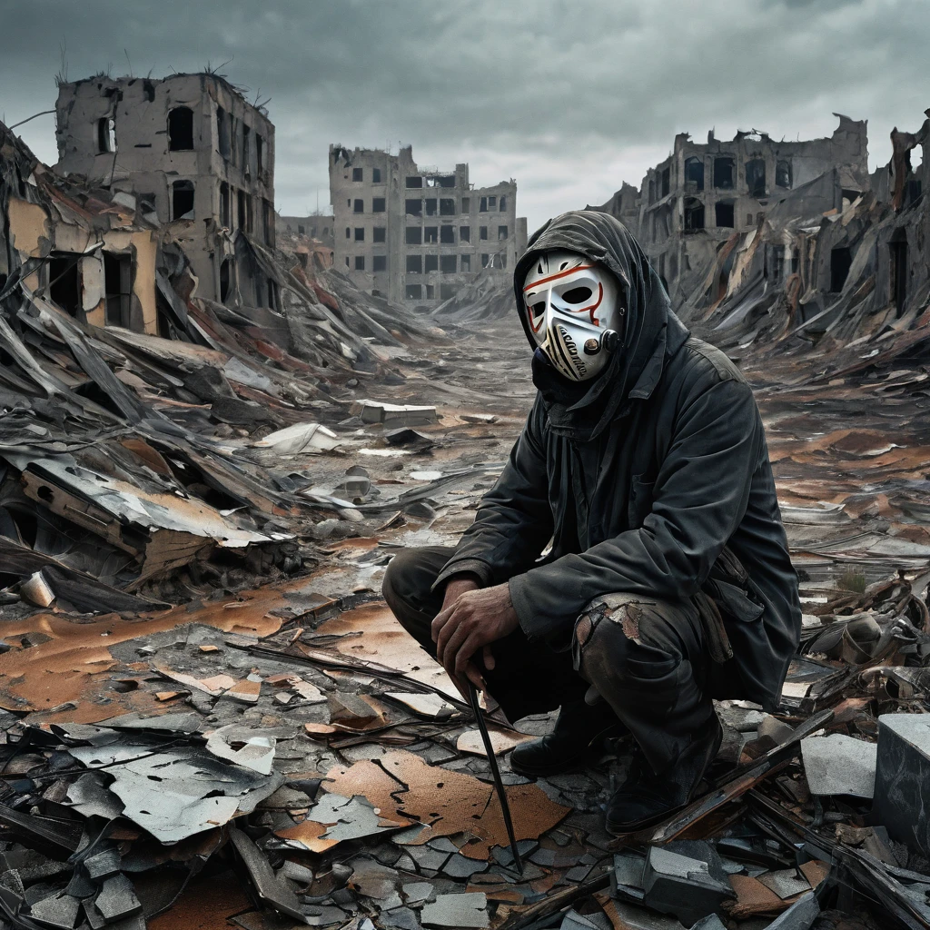 A man in a dark, dystopian landscape, portant une combinaison de protection contre les matières dangereuses en lambeaux et usée, his face masked by a cracked and damaged mask. The environment is barren and desolate, avec une palette de couleurs ternes et sourdes et un sentiment d’oppression et de décadence. The figure is hunched and weary, surrounded by the remnants of a failed technological civilization. The scene conveys a sense of despair and a lack of humanity, the figure trapped in a world fallen into ruin. 