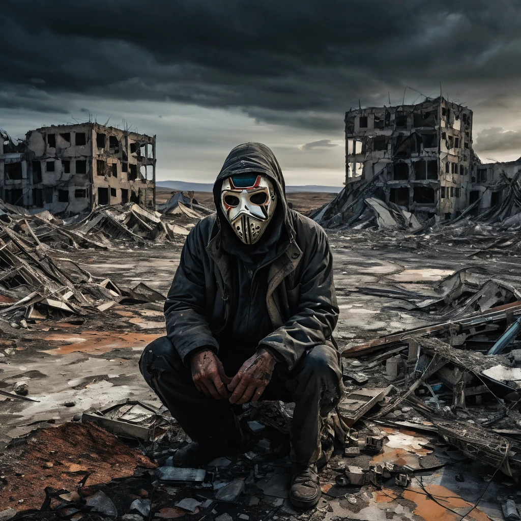 A man in a dark, dystopian landscape, portant une combinaison de protection contre les matières dangereuses en lambeaux et usée, his face masked by a cracked and damaged mask. The environment is barren and desolate, avec une palette de couleurs ternes et sourdes et un sentiment d’oppression et de décadence. The figure is hunched and weary, surrounded by the remnants of a failed technological civilization. The scene conveys a sense of despair and a lack of humanity, the figure trapped in a world fallen into ruin.
