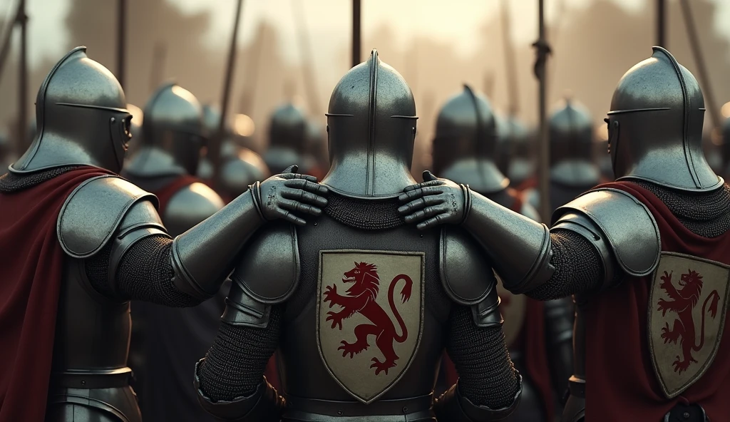A highly realistic, high-contrast, 8K HD, detailed, hyper-detailed image of medieval knights gathering together on the battlefield, rallying their spirits towards victory. The knights, clad in steel armor with lion emblems on their tunics and helmets fully covering their faces, stand in a tight formation, their postures filled with determination and resolve. Some knights raise their fists or place their hands on each other’s shoulders, showing unity and strength as they prepare for the final push towards victory. The atmosphere is charged with anticipation and unwavering confidence, capturing the powerful moment of solidarity and encouragement. The image is of the highest quality, with ultra-high resolution, RAW photo quality, and Unreal Engine rendering, showcasing the knights' collective resolve as they prepare to achieve victory, with the lion emblem proudly displayed on their armor.