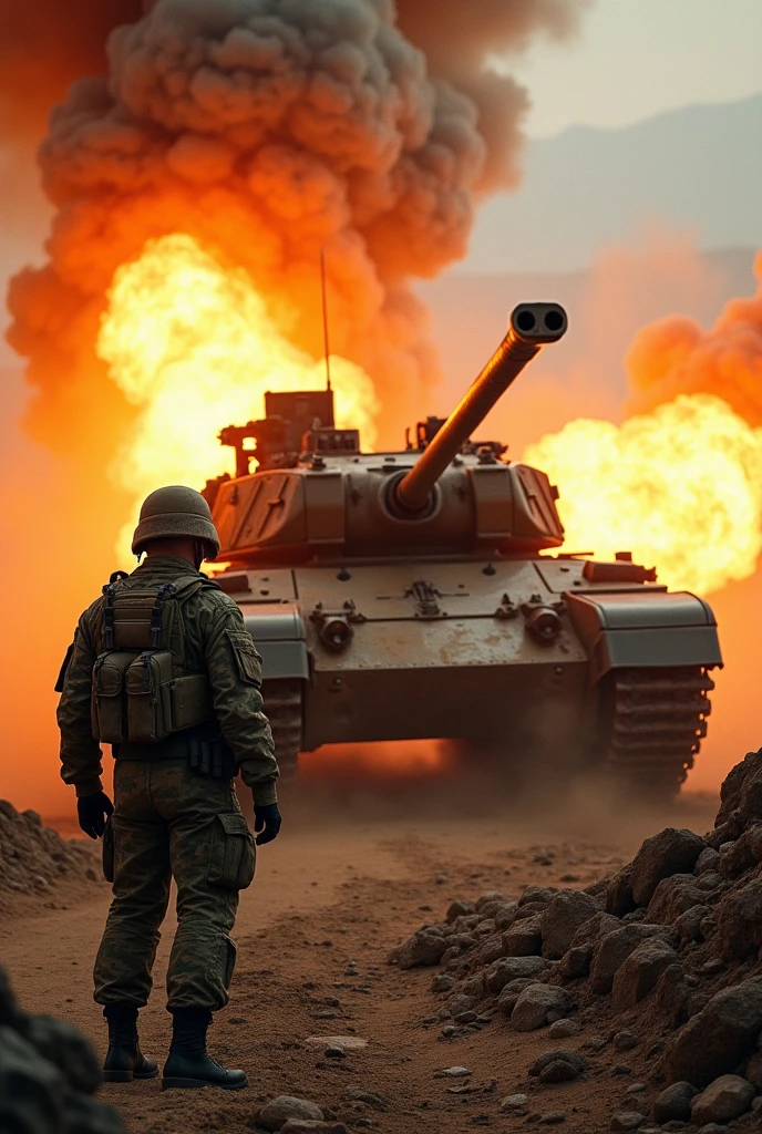 A vibrant image with fire and smoke of a soldier with a tank firing
