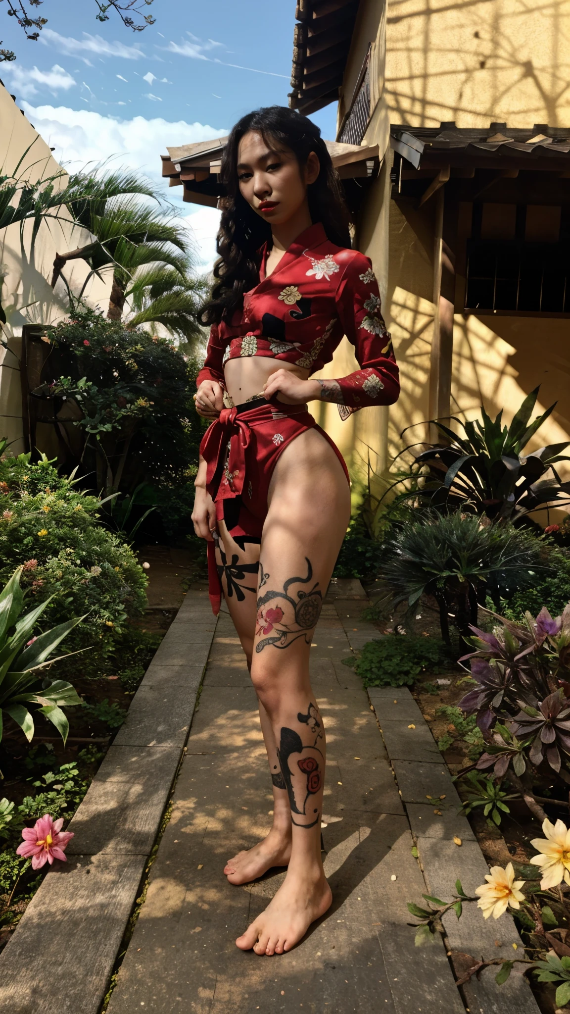 20 year old japanese woman and beautiful and masterpiece and best quality and TATTOO and IREZUMI and film grain, full body, (GiU)