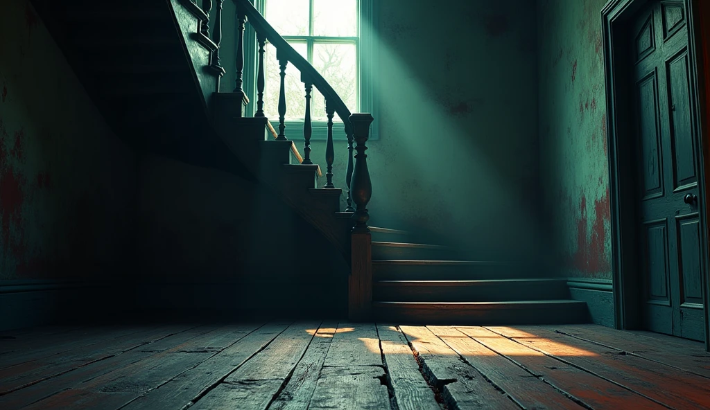 and the wooden floor creaks with every step. A worn-out staircase leads to the upper floor, casting long shadows that create a spooky atmosphere.
 ( animasi, cartoon, light effect, lighting is smooth, in 3d animation )