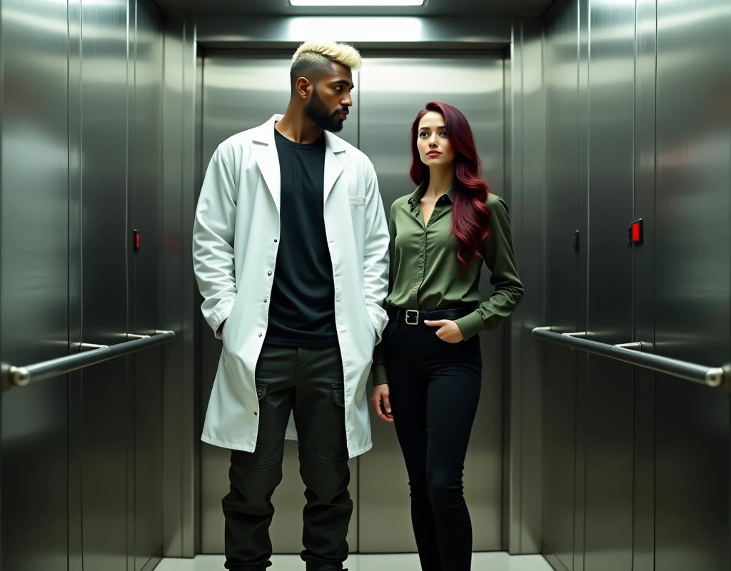 attractive Arab man (very tall:1.6), platinum blond wavy swept-back crew cut, dark skin, long black stubble, white lab coat, black t-shirt, black cargo pants, black boots, standing inside elevator to the side of to a very short young Caucasian woman, vibrant maroon side-parted long wavy layered hair, soft green silk work blouse, low-rise black pants and black boots, hip shot, cinematic