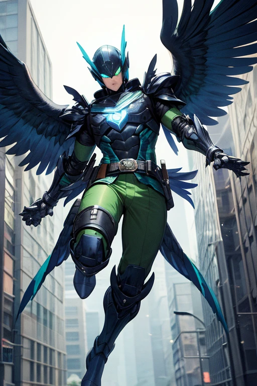 ((best quality)), ((masterpiece)), (detailed), 1 male, full body, 25 years old, blue head, uncovered mouth, blue biker helmet, black collar, tall, thin, black details, a green parrot with a blue head flying beside him, metallic wings, wings on his suit, blue fingerless gloves, blue wrist guards, luminous blue wings that shoot lasers, blue suit resembling light armor, blue suit with an emblem, completely green chest, emblem on his chest, green pants, deployable bird tail, grey knee pads, metallic grey boots, metallic bird claws, black superhero belt, flying through the city, midday city background, anime