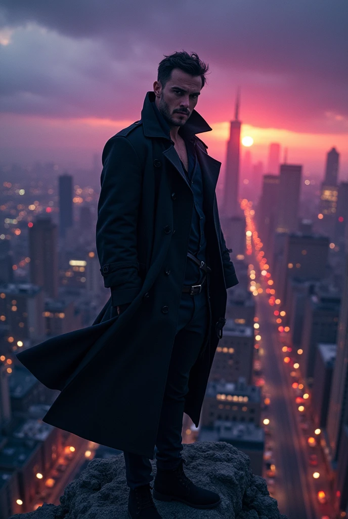 Generate an image of an antihero standing on top of a building in a fisheye perspective 