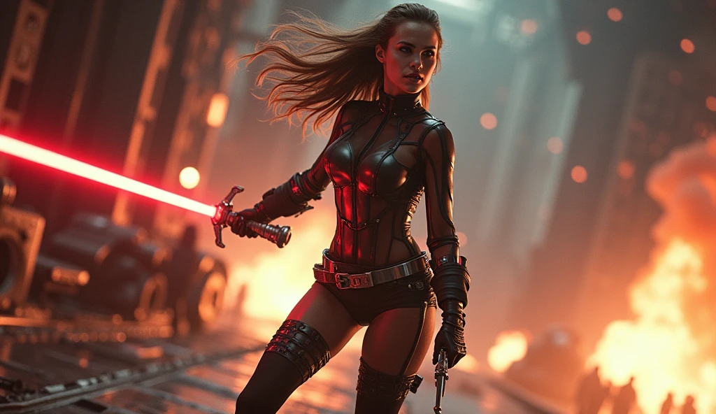 Emma Watson dressed as a space pirate, transparent jumpsuit, thong, stockings, thigh-boots, glass bowl helmet , smile, standing on the open deck of a spaceship in a space battle, holding a light saber with curved blade and flintlock pistol