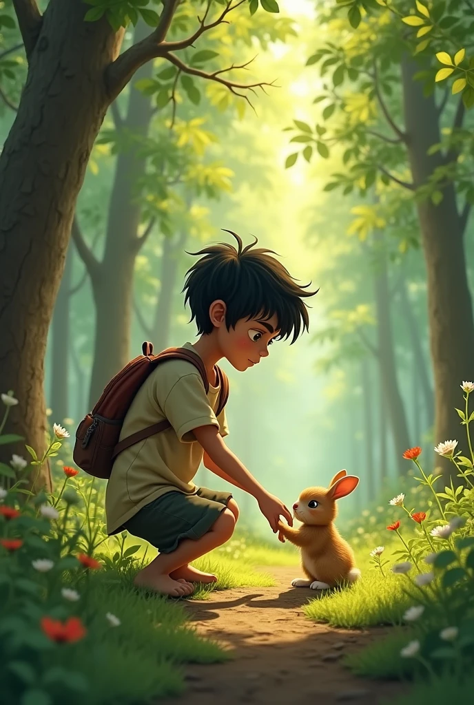 1. **Image 1**: A young boy named Hasan is wandering in a lush green forest. He spots a small, injured rabbit trembling on the ground. Hasan gently approaches the rabbit with a concerned expression.