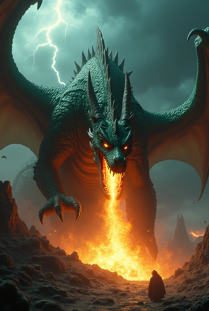 A cinematic, epic scene of a dark realm where a massive, fearsome dragon is awakening. The sky is filled with dark clouds and flashes of lightning, casting an ominous and apocalyptic glow. The dragon, with scales as dark as night and eyes glowing with fiery intensity, emerges from a deep, ancient cavern. Surrounding the dragon are dark, jagged mountains and an eerie landscape shrouded in mist. The ground trembles as the dragon spreads its colossal wings and lets out a deafening roar, causing the earth to crack and lava to flow. Dark magic swirls in the air, casting eerie shadows and green and purple glows. The scene is highly detailed and realistic, capturing the intensity and terror of the dragon's awakening with a high level of cinematic quality. The overall style should evoke an apocalyptic and dramatic mood, focusing on the dynamic motion of the dragon's awakening, the turbulent sky, and the chaotic landscape. Ensure a high level of detail and realism to match cinematic quality, with a focus on the dragon's scales, fiery eyes, and the surrounding environment.