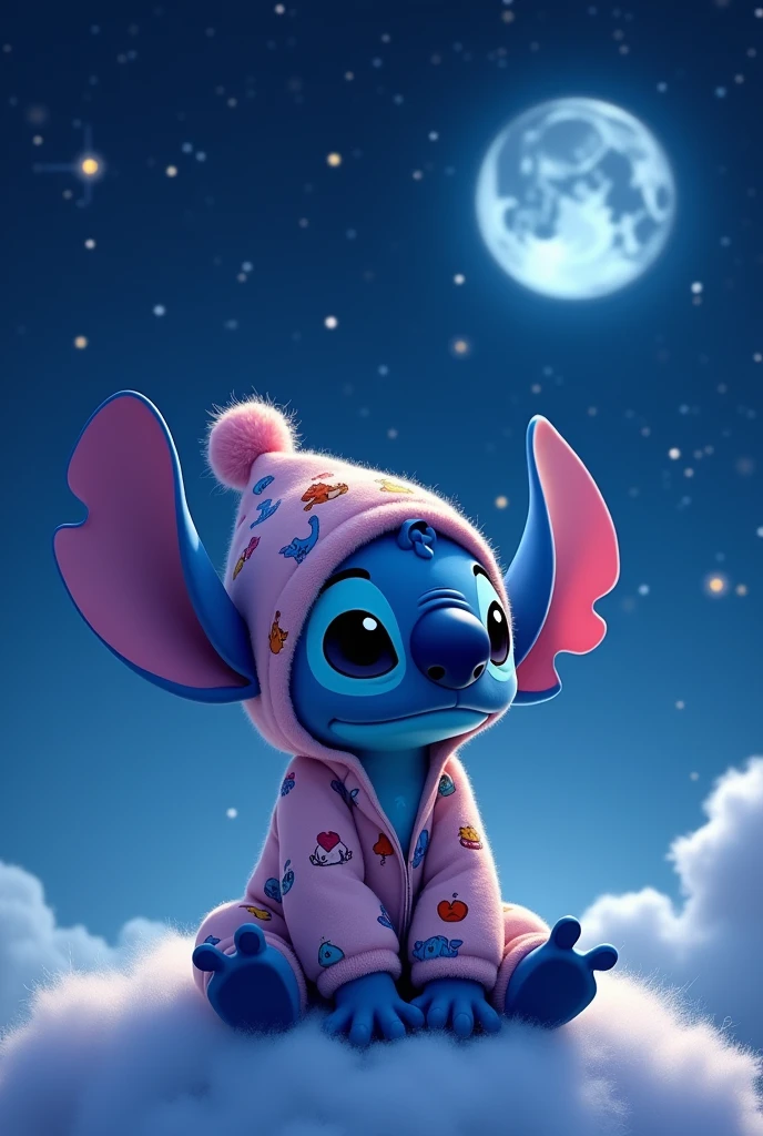Stitch, wearing pajamas and a beanie on their head, disney pixar style drawing