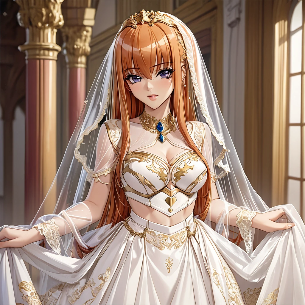 ((Highest quality)), ((masterpiece)), (detailed), （Perfect Face）、The woman is Maya Cordelia, with medium-long orange hair, wearing a vintage wedding dress with gorgeous gold embroidery and trim, a wedding veil, and gorgeous accessories.