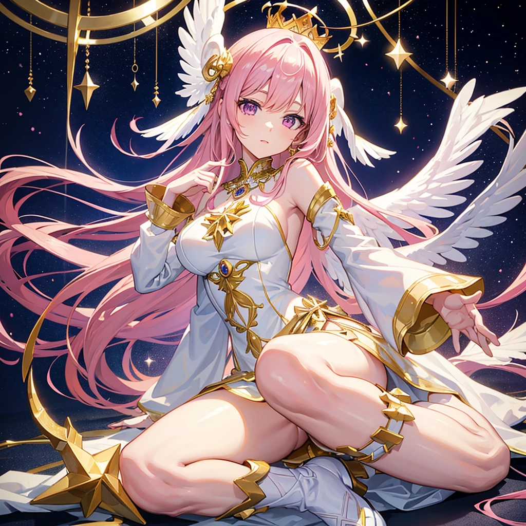 Anime Woman,Sister model,beautiful,elegant,Let your hair down to the floor with pink hair.,Purple-pink eyes in hexagonal star shape,White dress with floor-length skirt,Wear a long-sleeved gold dress,White and gold dress,Wear a gold star necklace,wearing gold shoes,Wearing a golden crown with purple diamonds,Wearing luxurious clothes,Has luxurious white wings,Goddess figure holding a golden scepter,With a background of bright stars,Sitting on the throne