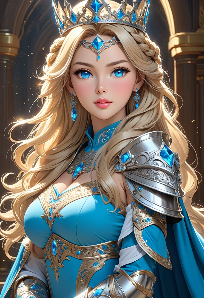 ((best quality)), ((artwork)), ((extremely detailed face)), ((perfect lighting)), ((extremely detailed CG)), ((perfect hands, perfect anatomy)), Sex/Gender= Female Aliases= Dawnstar, Princess Starfall, Ely Age= 20 Hair= Blond, braided headband, long, ringlet Eyes= Jewel blue Features= Slender, voluptuous figure, busty, fair skinned, youthful, ravishingly beautiful, refined features, full lips Height= 5′7″ Tall Clothing= Cape, crown, cyan dress, gauntlet, plate armor, ring Items= Longsword Personality= Brave, honorable, loyal.]