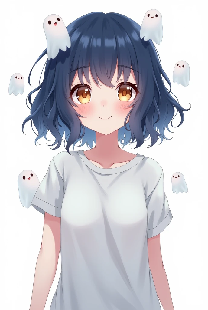 Bluish dark navy hair with medium-long loose perm、Small, golden eyes with droopy eyelids、She has a short mid-face and a young-looking face, with small ghosts scattered all over her body.、An anime character standing in front of a white background