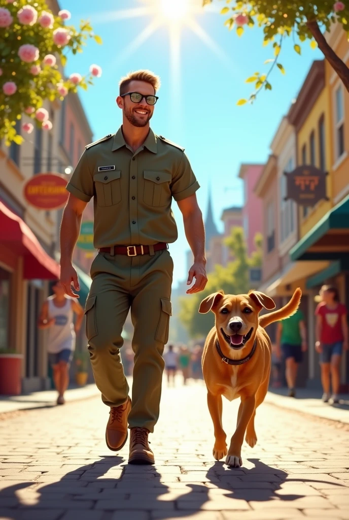 I want an image of a young, thin military man wearing black glasses, walking happily with his tan dog named Hanna down the streets.