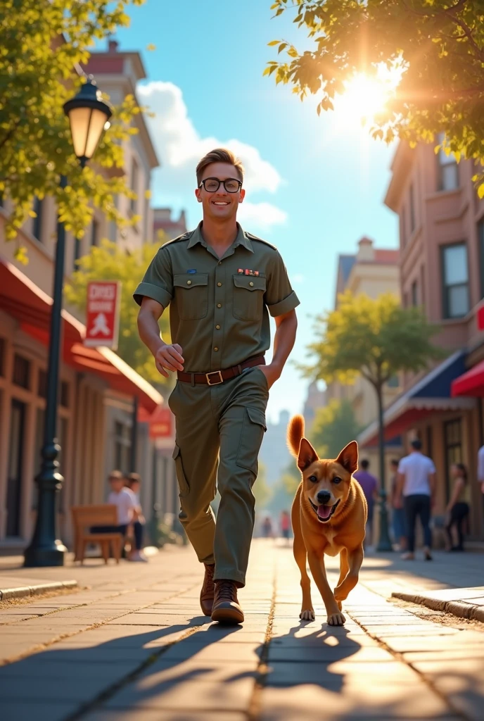 I want an image of a young, thin military man wearing black glasses, walking happily with his tan dog named Hanna down the streets.