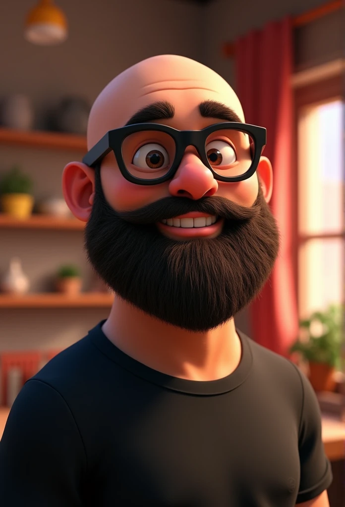 Cartoon character of a man with a shaved head and a large, bushy beard, with black glasses and a black shirt, animation character, stylized character, animation style rendering, 3D stylized, Arnold Maya rendering, Render 3D stylized, Toon render keyshot, 3D character, 3D character, Stylized 3D rendering, 3d character rendering, cartoon character, Close-up character, Character pose,  (pixar style) (master part:1.2) (bokeh) (Best Quality) (detailed skin) (detailed texture) (8k) (clay) (cinematic lighting) (sharp focus)