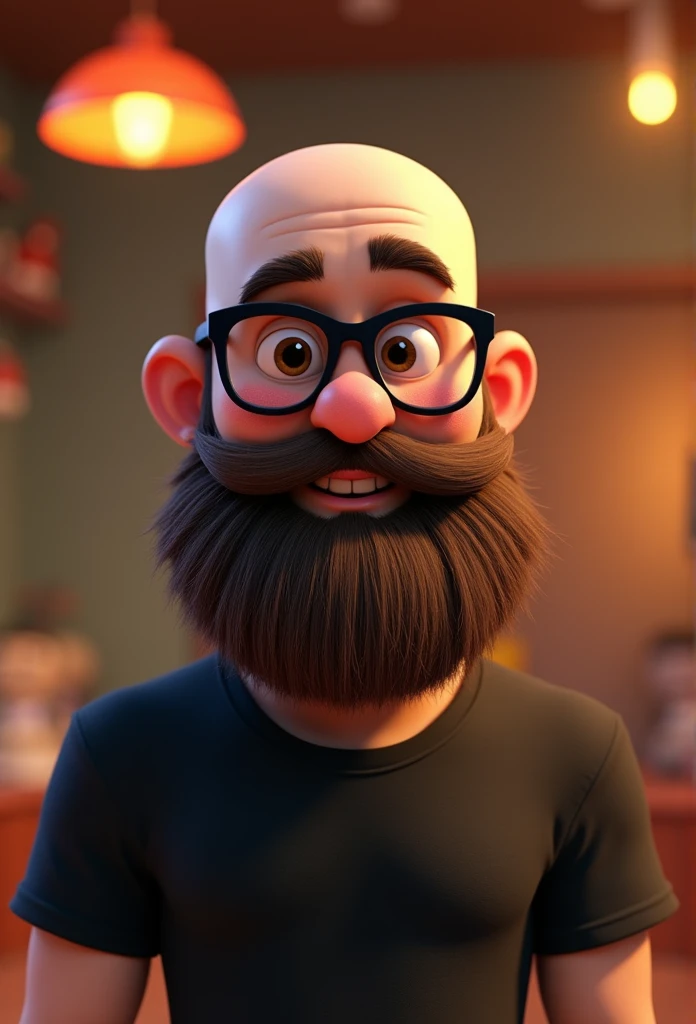 Cartoon character of a man with a shaved head and a large, bushy beard, with black glasses and a black shirt, animation character, stylized character, animation style rendering, 3D stylized, Arnold Maya rendering, Render 3D stylized, Toon render keyshot, 3D character, 3D character, Stylized 3D rendering, 3d character rendering, cartoon character, Close-up character, Character pose, (pixar style) (master part:1.2) (bokeh) (Best Quality) (detailed skin) (detailed texture) (8k) (clay) (cinematic lighting) (sharp focus)