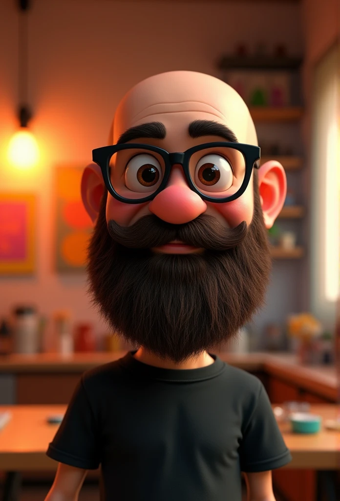 Cartoon character of a man with a shaved head and a large, bushy beard, with black glasses and a black shirt, animation character, stylized character, animation style rendering, 3D stylized, Arnold Maya rendering, Render 3D stylized, Toon render keyshot, 3D character, 3D character, Stylized 3D rendering, 3d character rendering, cartoon character, Close-up character, Character pose,  (pixar style) (master part:1.2) (bokeh) (Best Quality) (detailed skin) (detailed texture) (8k) (clay) (cinematic lighting) (sharp focus)