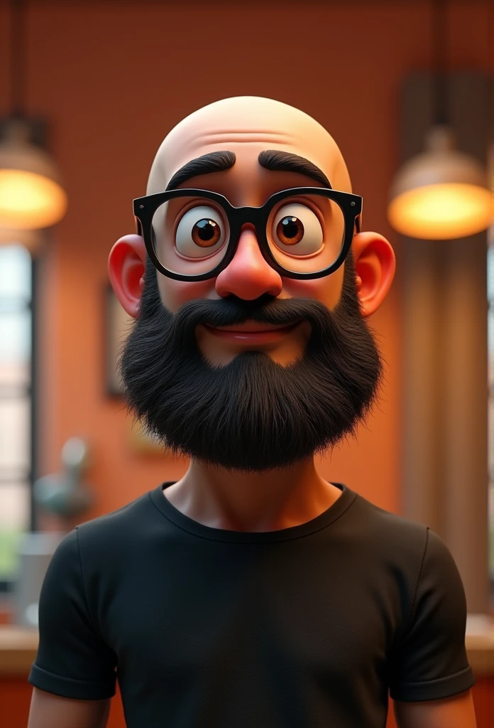 Cartoon character of a man with a shaved head and a large, bushy beard, with black glasses and a black shirt, animation character, stylized character, animation style rendering, 3D stylized, Arnold Maya rendering, Render 3D stylized, Toon render keyshot, 3D character, 3D character, Stylized 3D rendering, 3d character rendering, cartoon character, Close-up character, Character pose,  (pixar style) (master part:1.2) (bokeh) (Best Quality) (detailed skin) (detailed texture) (8k) (clay) (cinematic lighting) (sharp focus)