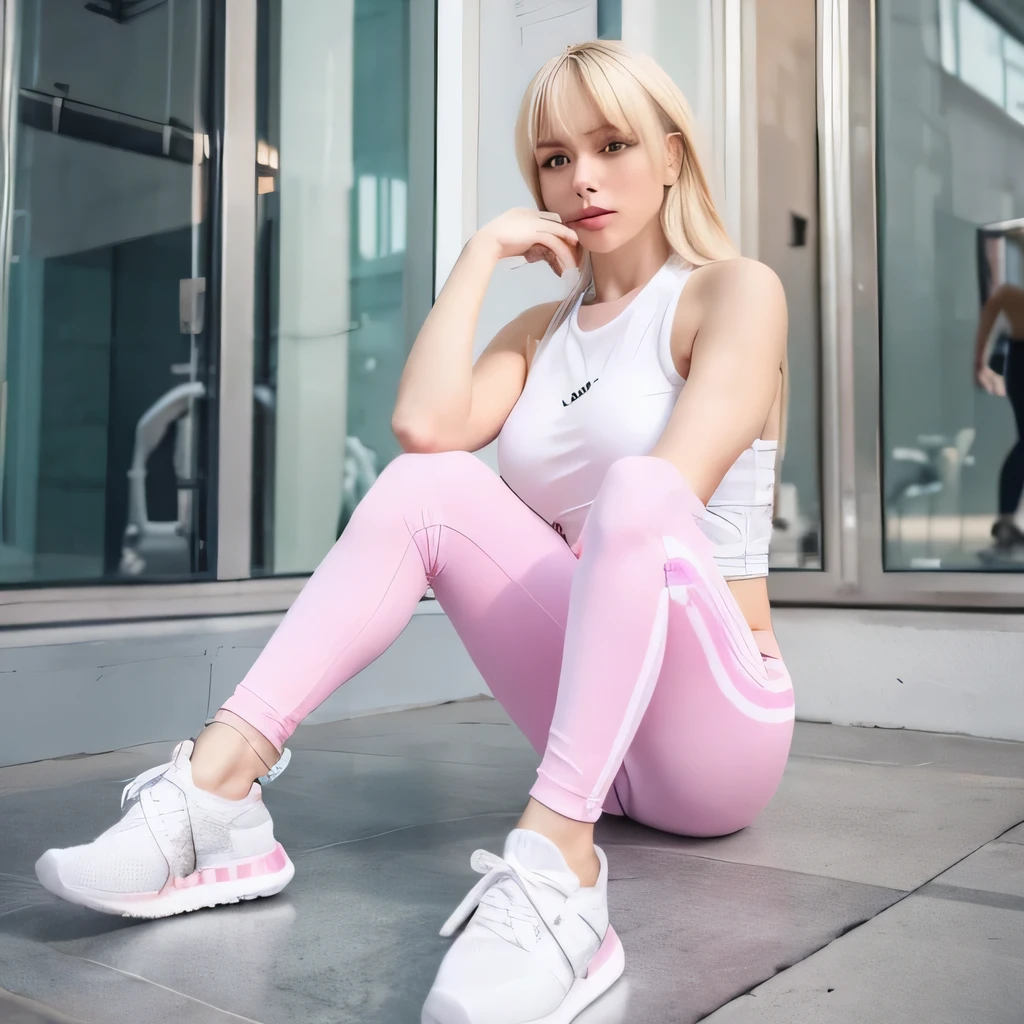 New woman, medium breasts, Russian, blonde, shoulder-length hair, clear eyes, wearing white gym leggings, White and pink Adidas sneakers with gaiters. She is wearing a top without a bra. Ela tem um piercing no umbigo. photo by full body.
