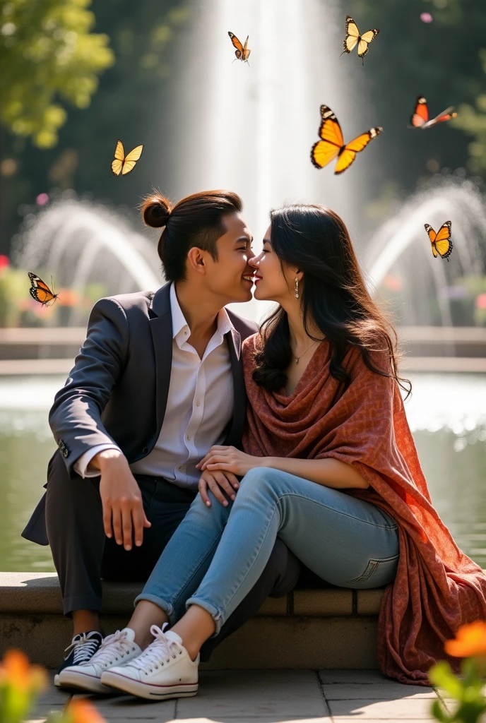 full body) Asian male couple with medium length mauve mullet haircut wearing a suit jacket and Asian female with long hair style, get dressed,short jeans,pashmina,sneakers) they are sitting hugging smiling,The face is focused on the camera. At the fountain and flower garden,The butterflies flutter in the wind, a scene of romance captured by the gentle, soft reflection of light, looking natural and authentic.. 35k resolution full HD., photo