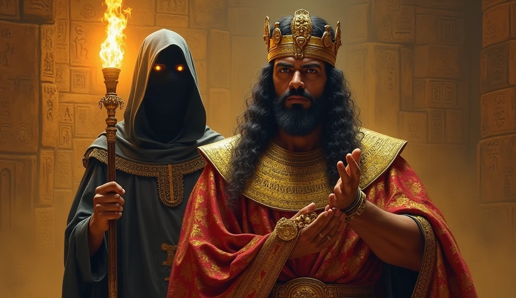 oil painting, ancient king of the East in the front and an Egyptian priest behind with a dark robe that covers his head, with Egyptian ornaments and scepter and a serious countenance