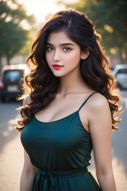 A 21-year-old girl posing for a school photo outdoors in a random location. The image should be a masterpiece, with a photorealistic rendering and the best quality. The lighting should be beautiful, showcasing the natural sunlight. The girl should be Eleanor, a Marathi girl with beautiful eyes, around 20 years old. She must be have dark-red-lipstick on, She should have big breasts and a plus-size figure, but with a flat belly. Her hair should be styled in a high bun, with long and extremely curly locks flowing down. She should be wearing a random colored, split-party dress , lifting it slightly to create movement.