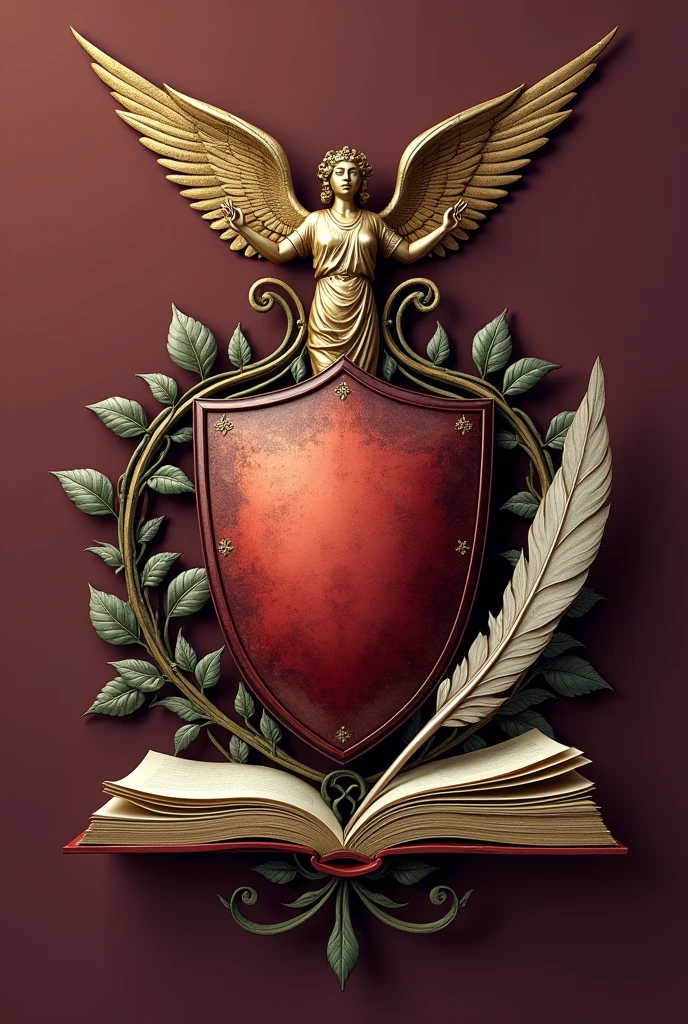 Could you design a logo that features a shield as the main element? I would like the shield to be accompanied by a pen and a book to symbolize writing and literature. Additionally, please incorporate an angel to represent guidance and inspiration. The overall design should reflect the theme of English literature, capturing its essence and tradition. If possible, please use [insert preferred colors or style] to align with the vision."