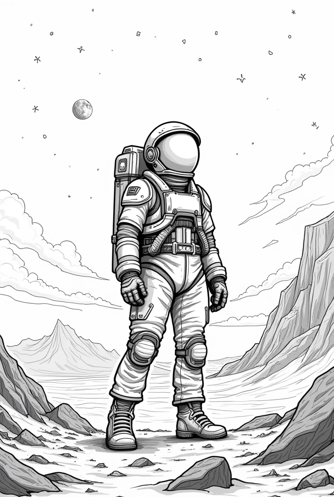 Astronaut and Mars planet black and white high quality coloring page 