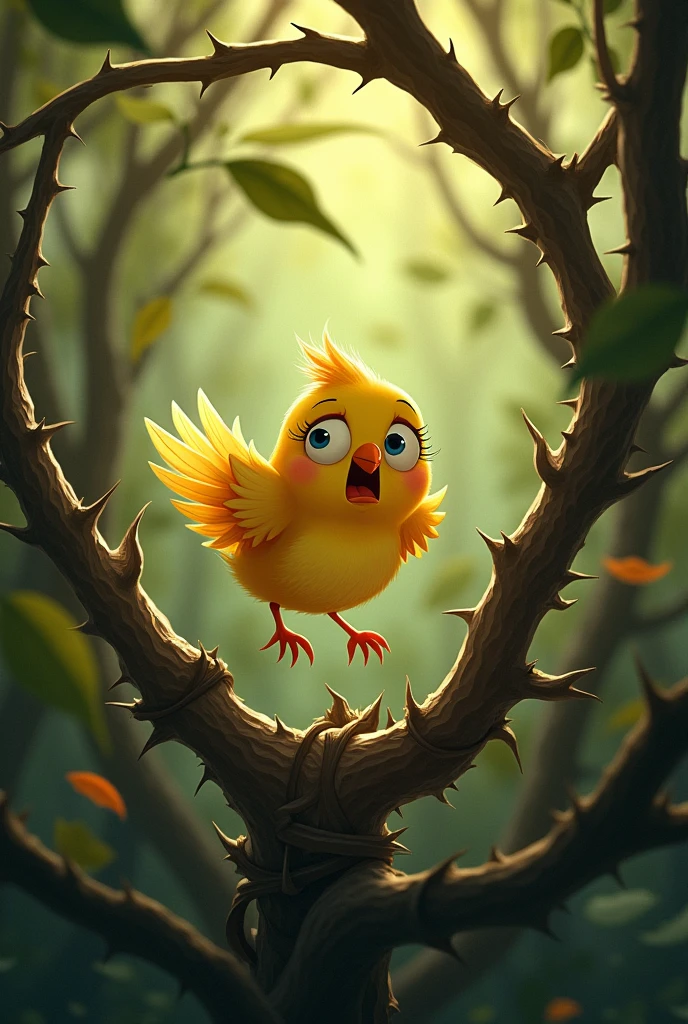 Scared little bird stuck in thorny branches. Old 2d disney style