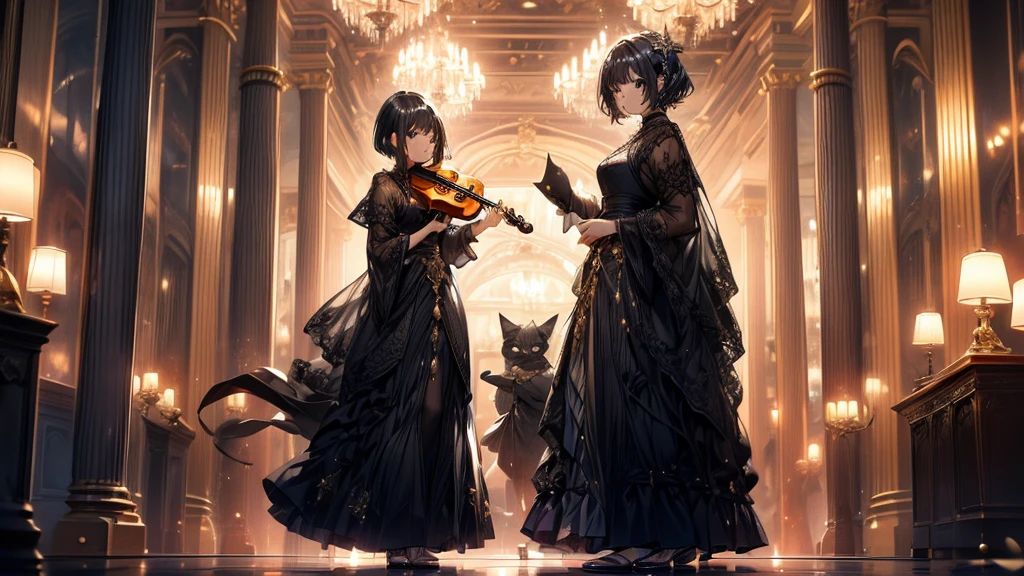 A woman is playing the violin．The woman has short black hair and is wearing a gold dress.．The girl is playing in the hall．A black cat is watching the girl play at her feet．