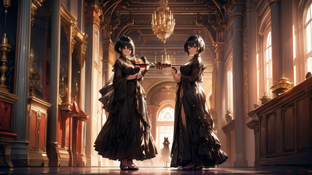 A woman is playing the violin.The woman has short black hair and is wearing a gold dress..The girl is playing in the hall.A black cat is watching the girl play at her feet.