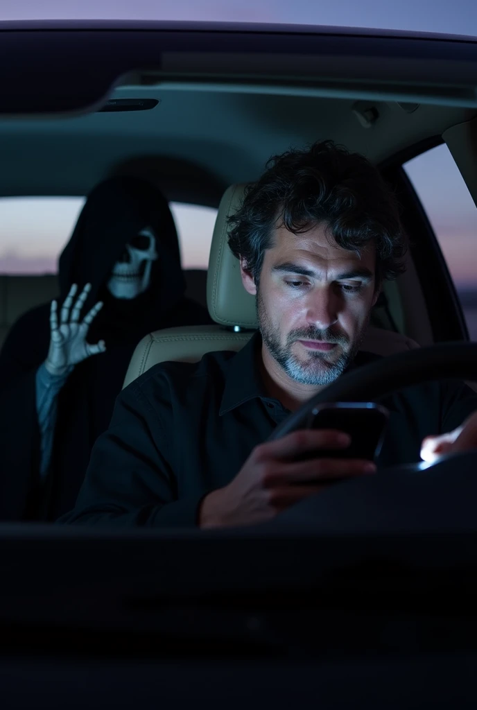 the grim reaper's shadow in a rearview car mirror, nightmare 