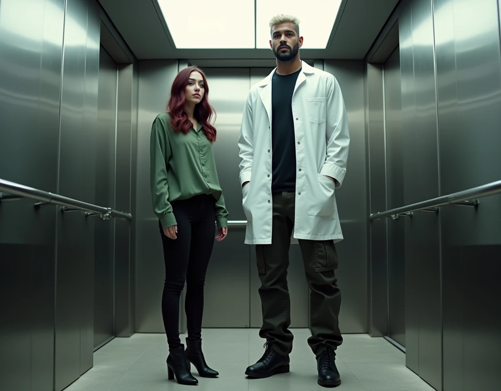 attractive Arab man extremely tall (216cm), platinum blond wavy swept-back crew cut, dark skin, long black stubble, white lab coat, black t-shirt, black cargo pants, black boots, standing inside elevator next to a very short (170cm) young Caucasian woman, vibrant maroon side-parted long wavy layered hair, soft green silk work blouse, low-rise black pants and black boots, hip shot, cinematic