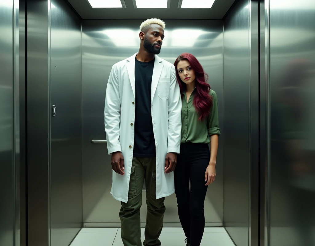attractive Arab man extremely tall (216cm), platinum blond wavy swept-back crew cut, dark skin, long black stubble, white lab coat, black t-shirt, black cargo pants, black boots, standing inside elevator next to a very short (170cm) young Caucasian woman, vibrant maroon side-parted long wavy layered hair, soft green silk work blouse, low-rise black pants and black boots, hip shot, cinematic