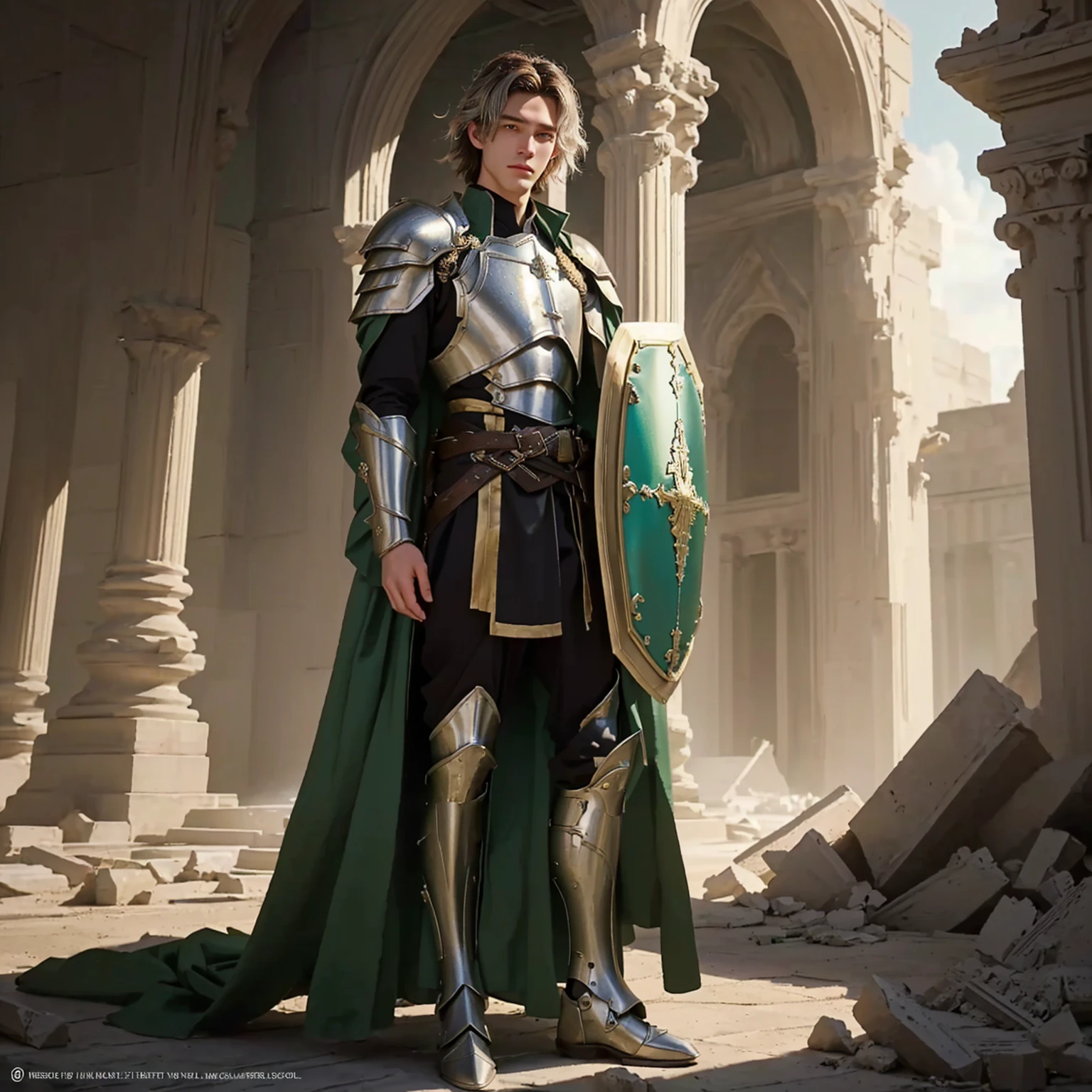 concept realistic art style. Setting: Temple in ruins: A stunningly ethereal and delicate [androgynous] 20 year old male is depicted in a full body shot. His short wavy brown hair cascades around him, framing his exquisite features. he's using in left arm a magnificent shield with a magical aura, that is the source of his power. Striking yellow/green heterochromia eyes. A simple and elegant clerical tunic goes up to his knees, a half armor is superimposed only with the workers, breastplates, armbands, grevas, adorned with silver and brass. This mesmerizing image, possibly a painting, is rich in detail and radiates a sense of dystopian beauty. Every element, from the man's delicate and soft features to the elaborate design of his tunic, is rendered with impeccable artistry, drawing viewers into a realm of loss and wonder.