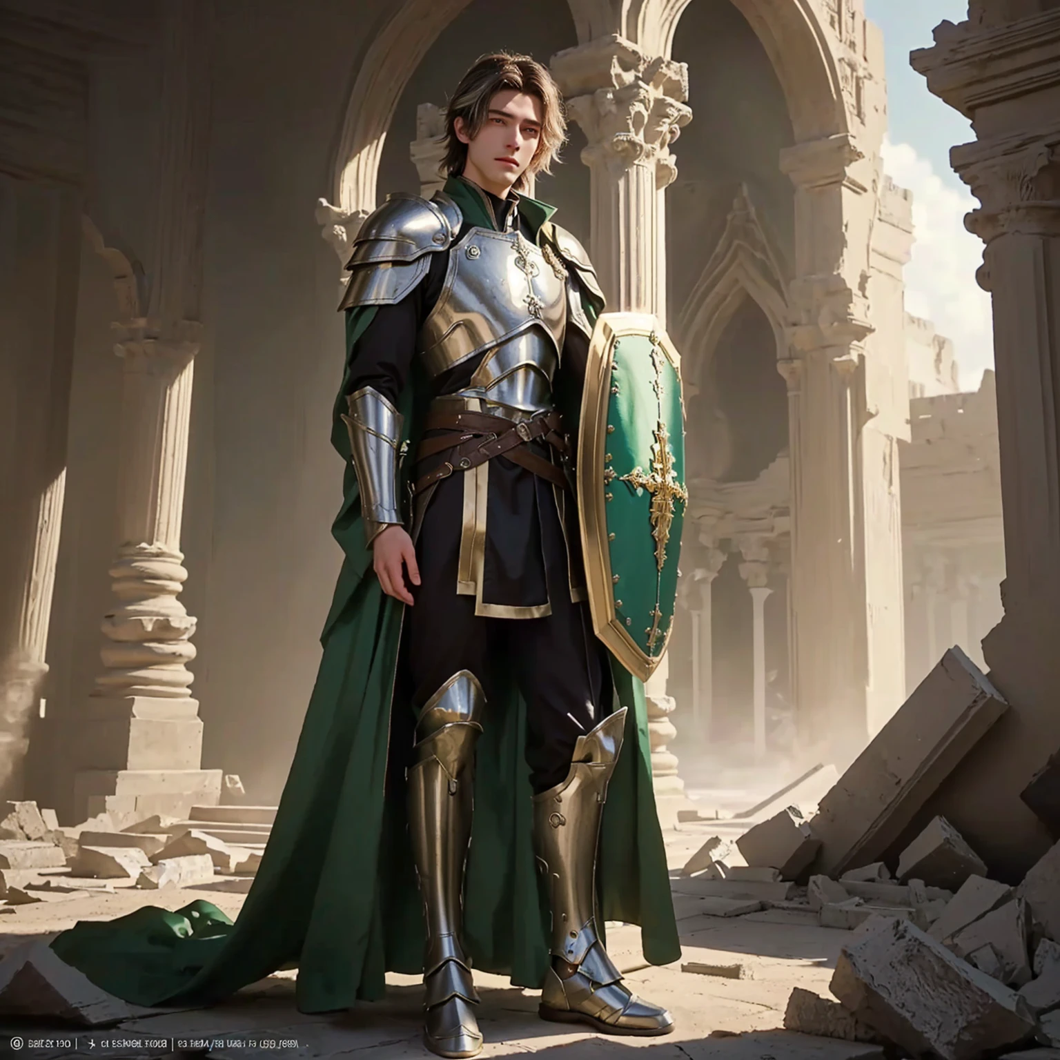 concept realistic art style. Setting: Temple in ruins: A stunningly ethereal and delicate [androgynous] 20 year old male is depicted in a full body shot. His short wavy brown hair cascades around him, framing his exquisite features. he's using in left arm a magnificent shield with a magical aura, that is the source of his power. Striking yellow/green heterochromia eyes. A simple and elegant clerical tunic goes up to his knees, a half armor is superimposed only with the workers, breastplates, armbands, grevas, adorned with silver and brass. This mesmerizing image, possibly a painting, is rich in detail and radiates a sense of dystopian beauty. Every element, from the man's delicate and soft features to the elaborate design of his tunic, is rendered with impeccable artistry, drawing viewers into a realm of loss and wonder.