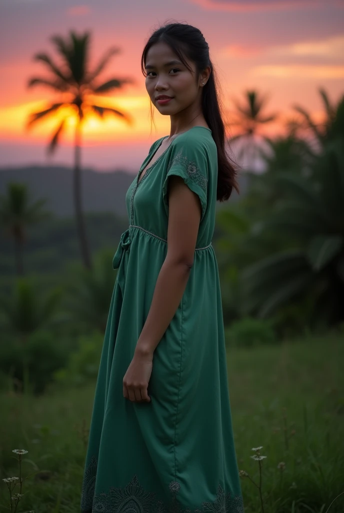 A 20-year-old Javanese girl from Indonesia wearing a green nightgown with her hair tied back is striking a greeting pose, an epic realism image.