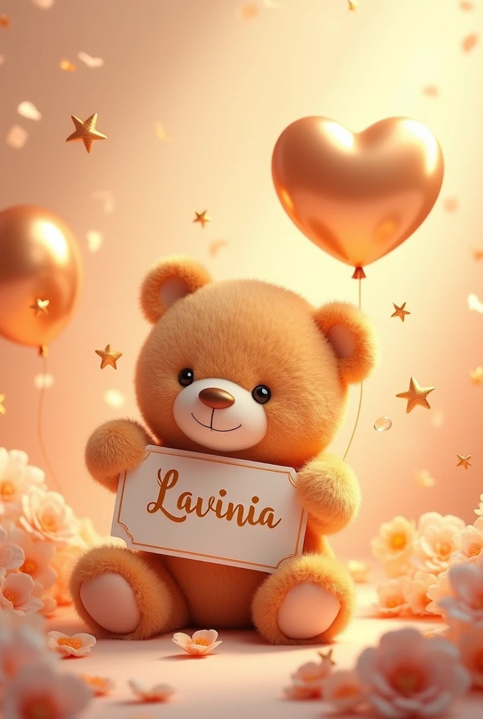 A captivating 3D anime-style illustration featuring a cuddly, light orange teddy bear exuding warmth and softness, tenderly holding a nameplate inscribed with "lavinia" in exquisite gold letters. The design is adorned with gold and light orange balloons, swirls, and flowers, creating an atmosphere of pure romance. The background is an ethereal blend of light orange pastel hues, pearly finishes, and light orange gold accents, highlighting the artist's exceptional skill and embodying the essence of love and beauty. This enchanting 8K HD digital masterpiece showcases the artist's prowess and captures the epitome of romance and charm.