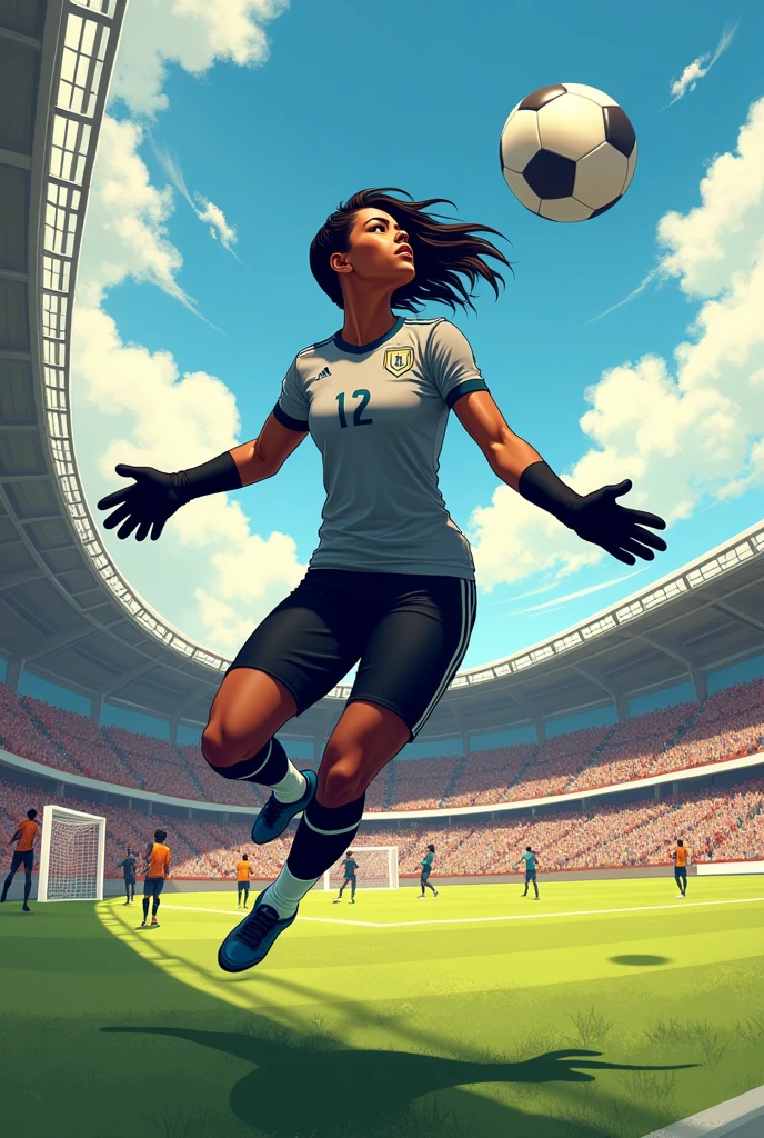 Illustration of a woman goalkeeper with her back turned, with brown skin, slickedback hair, tall and black with a gray shirt number 12 written SAMILLY and black pants and gloves jumping to catch a ball